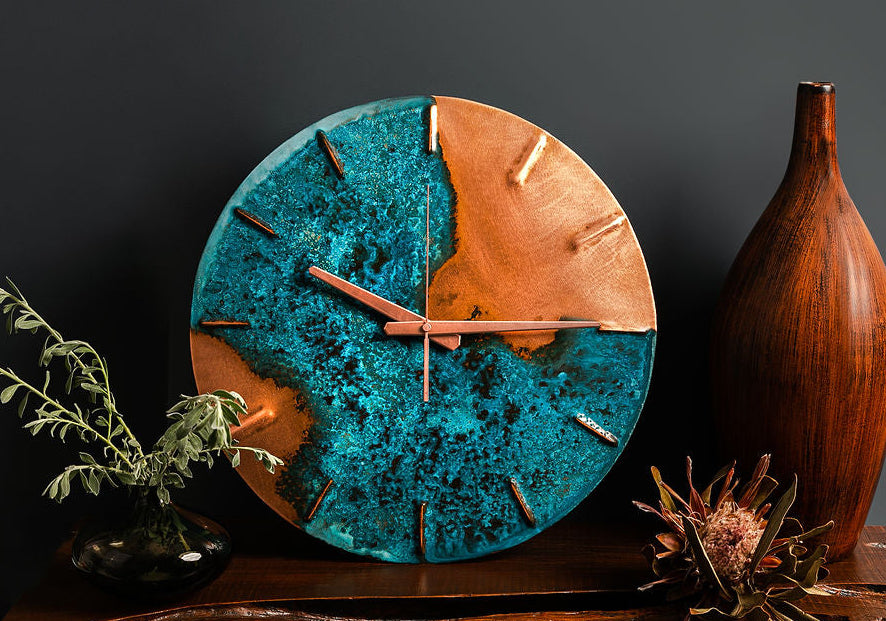 A Blue Patina Copper “Half Time” clock made by Empire Copper. 